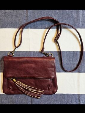 Joy Susan Burgundy Faux Leather Tassel Crossbody Bag